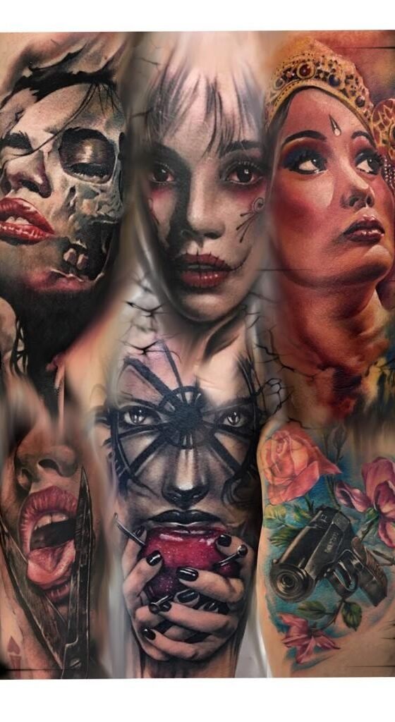 Black and grey + colour realistic tattoo of a beautiful female face - arm sleeve tattoo